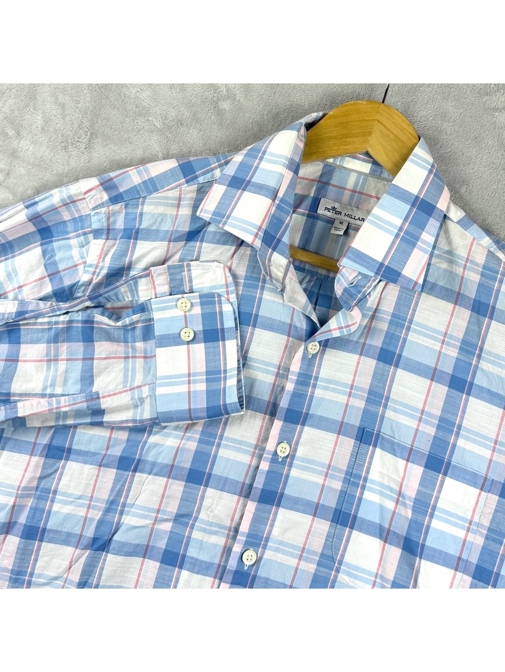 Peter Millar Men M Blue Pink Plaid Long Sleeve Button Down Shirt Golf Lifestyle